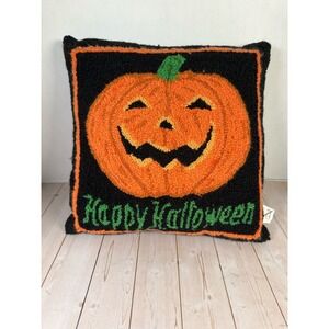 Happy Halloween Hooked Pumpkin Throw Pillow Jack-o-Lantern Black Orange 12x12